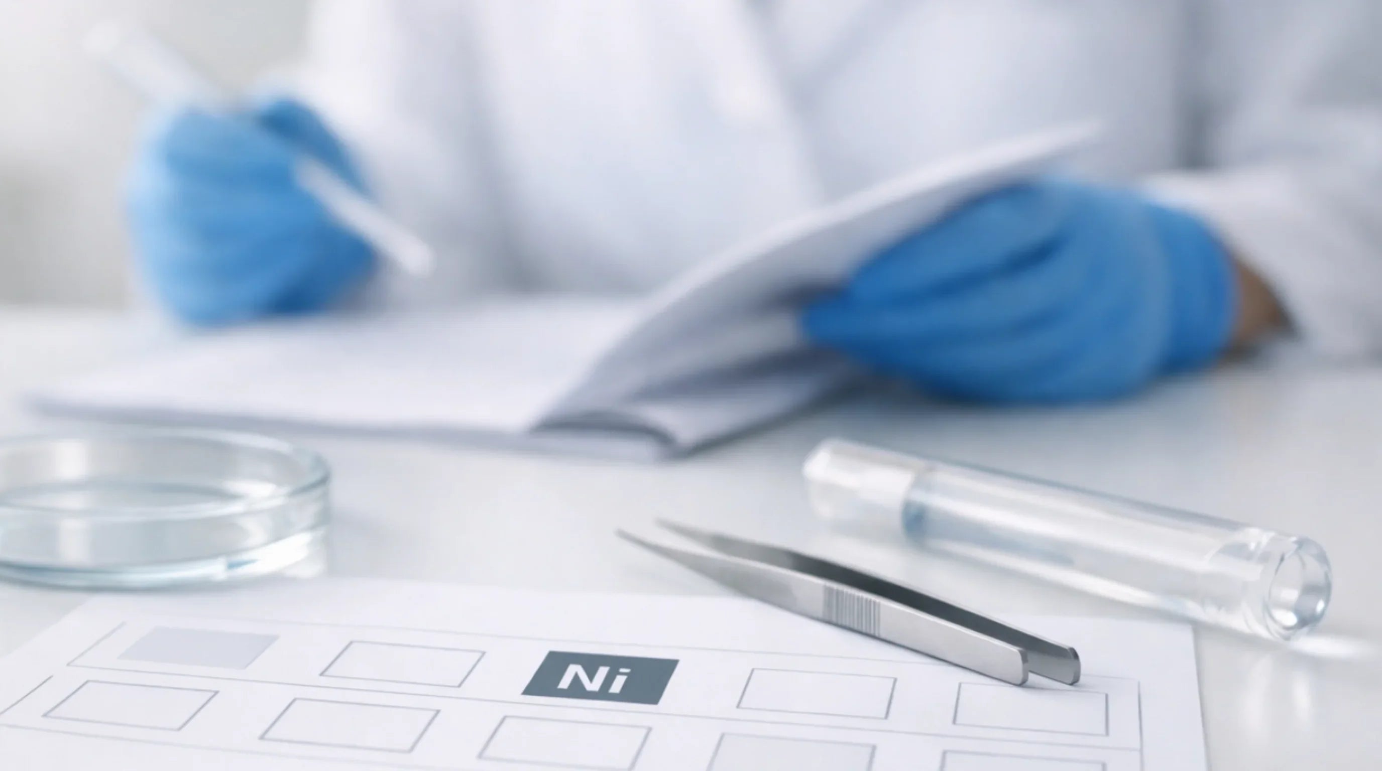 Medizinischer Allergietest auf Nickel mit Testprotokoll und Laborutensilien in einer Arztpraxis