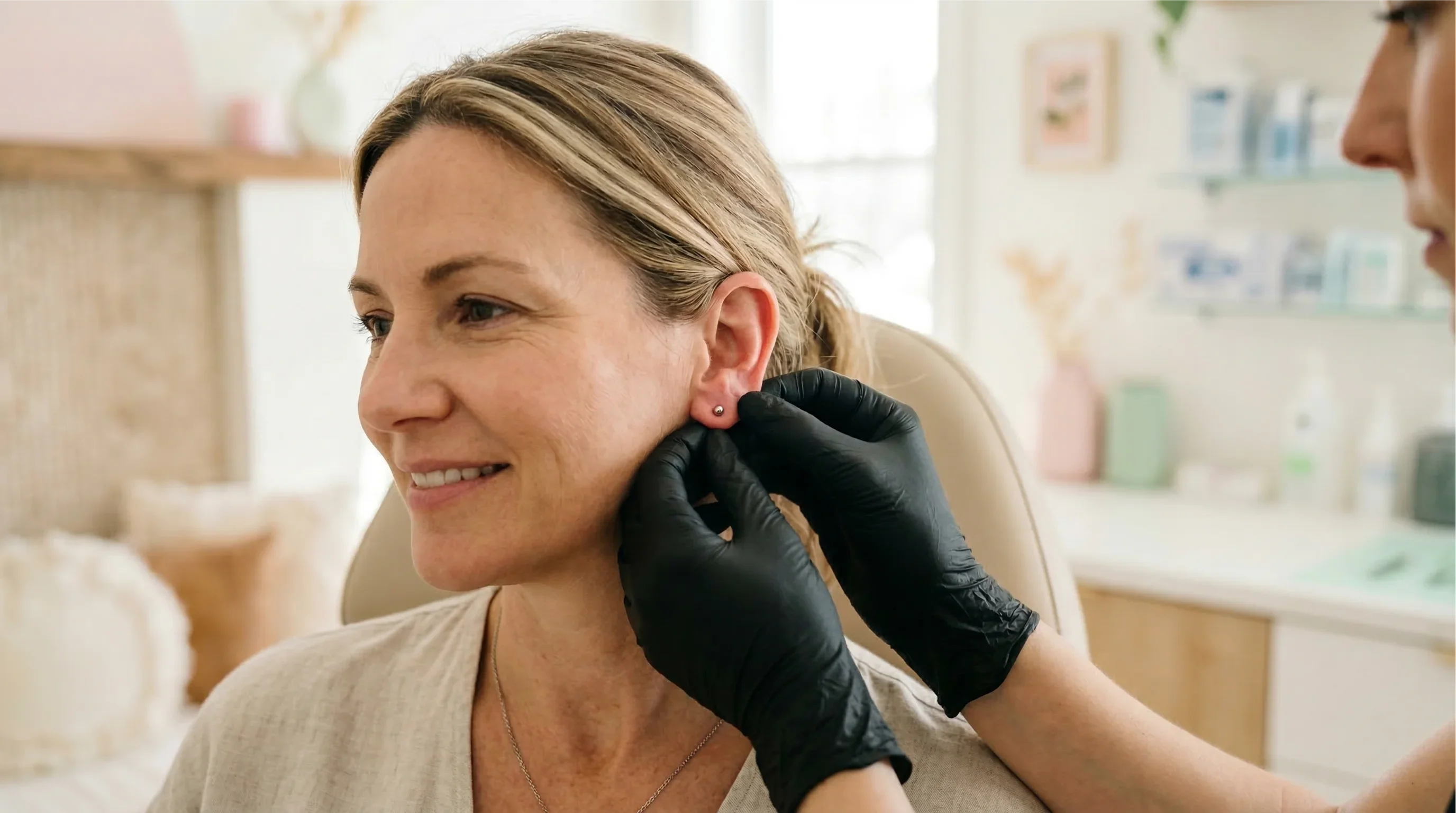 Professionelles Einsetzen eines Titan-Ohrsteckers durch eine Expertin mit schwarzen Handschuhen bei einer Kundin.