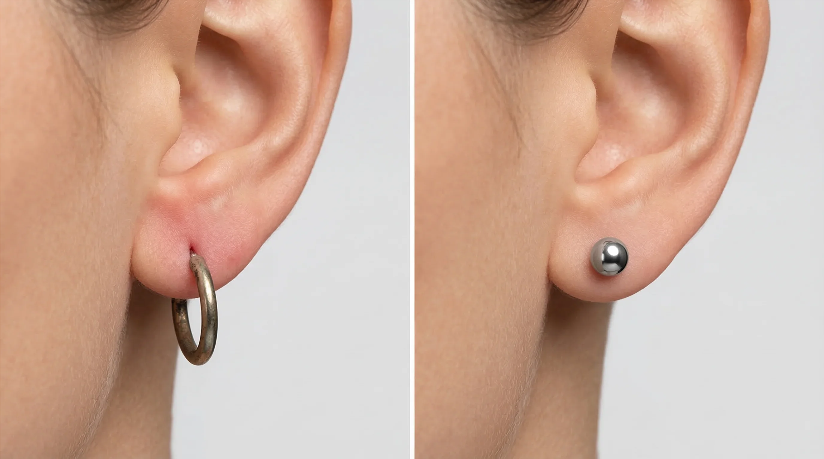 Vergleich zwischen hängendem Silberring mit Hautreizung und glattem, allergikerfreundlichem Ohrstecker aus Edelstahl.