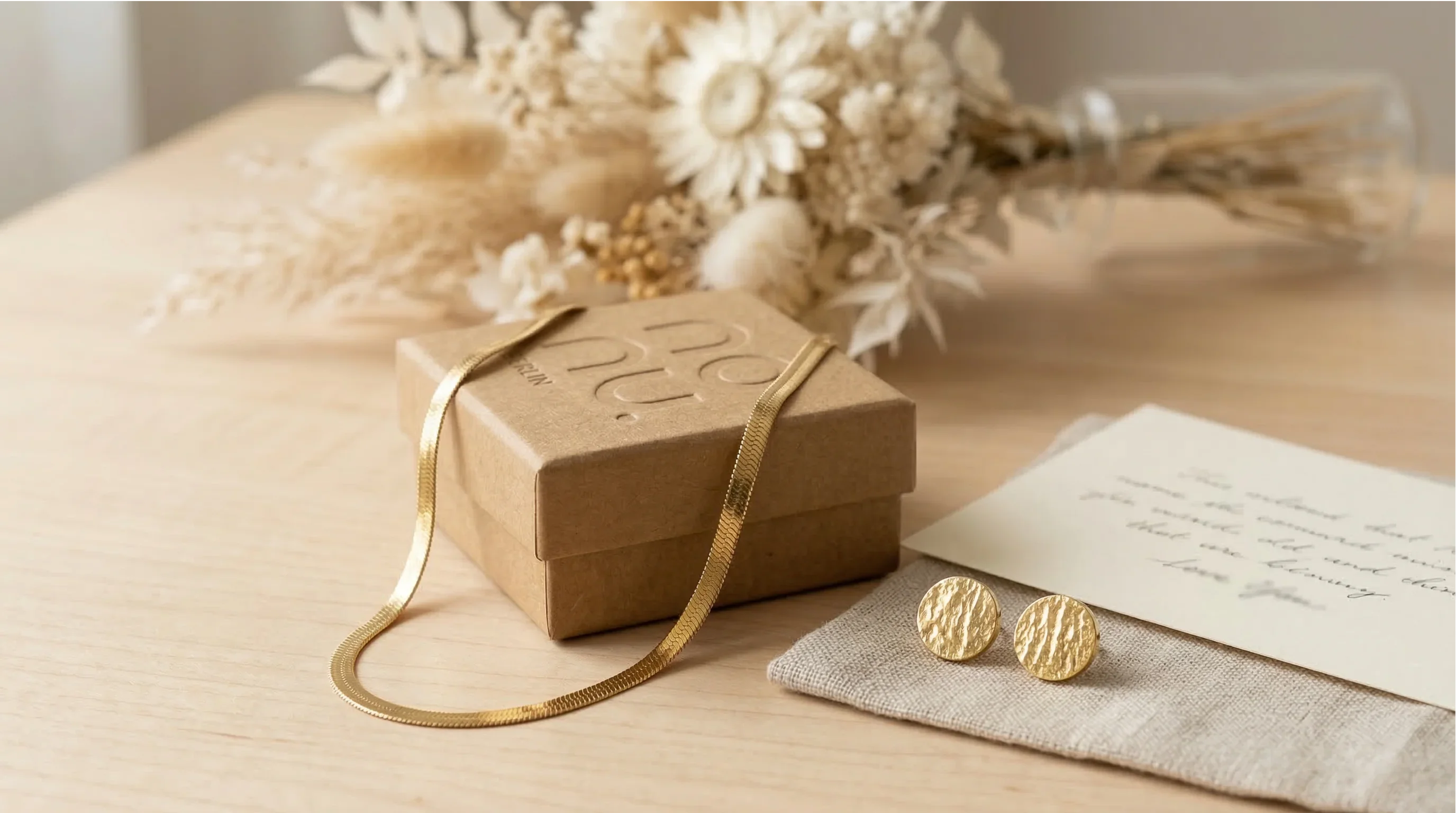 Goldene Schlangenkette auf Schmuckschachtel und gehämmerte Goldohrstecker neben einer Grußkarte und Trockenblumen.