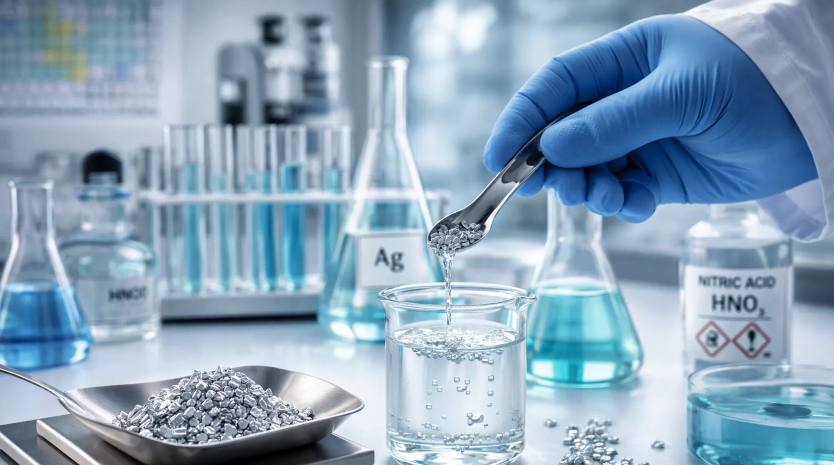 Laboranalyse von Silbergranulat in Salpetersäure zur Bestimmung der Reinheit und Materialzusammensetzung