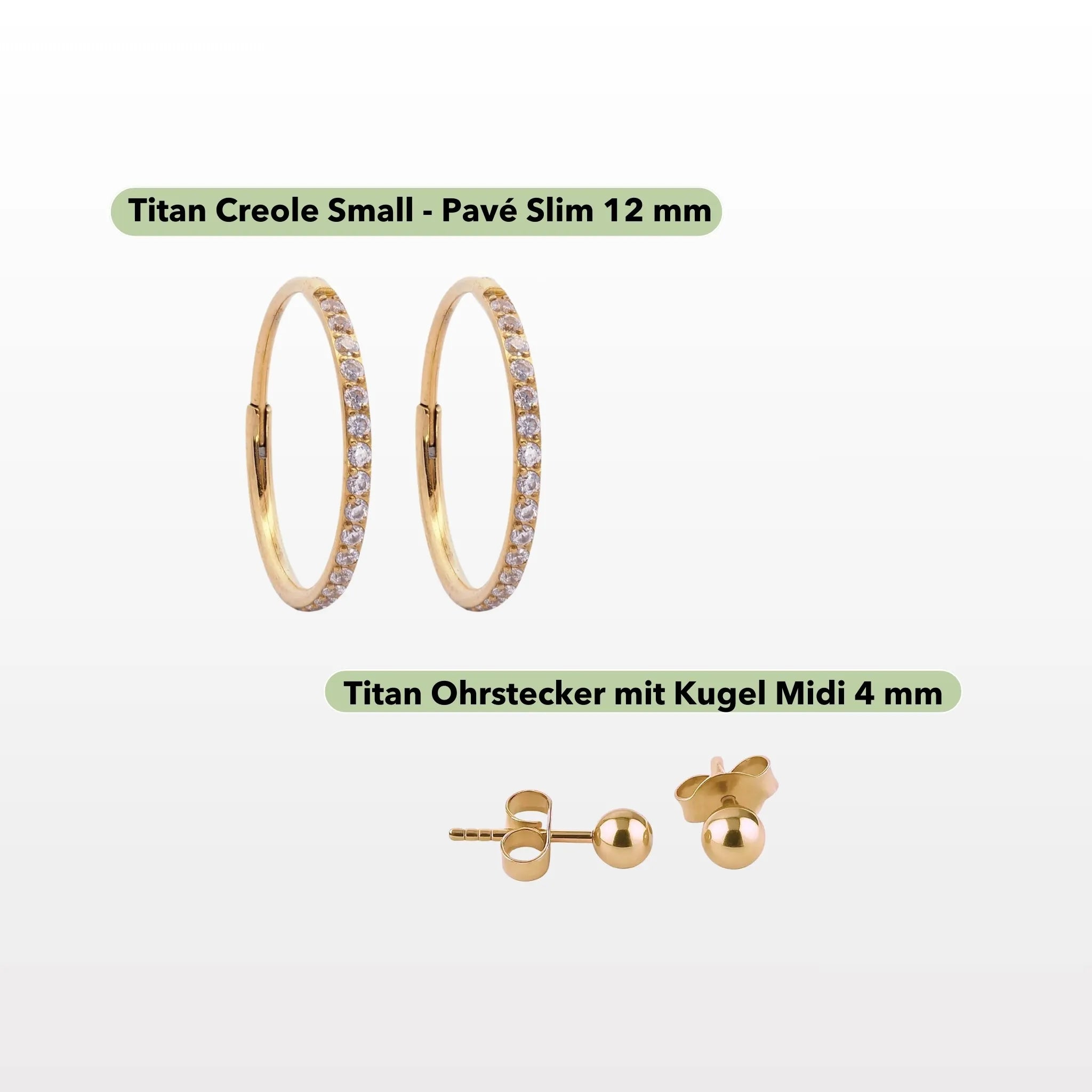 Goldenes Titan Essentials Set – Pavé mit 12mm Creole und 4mm Kugel Kugelstecker
