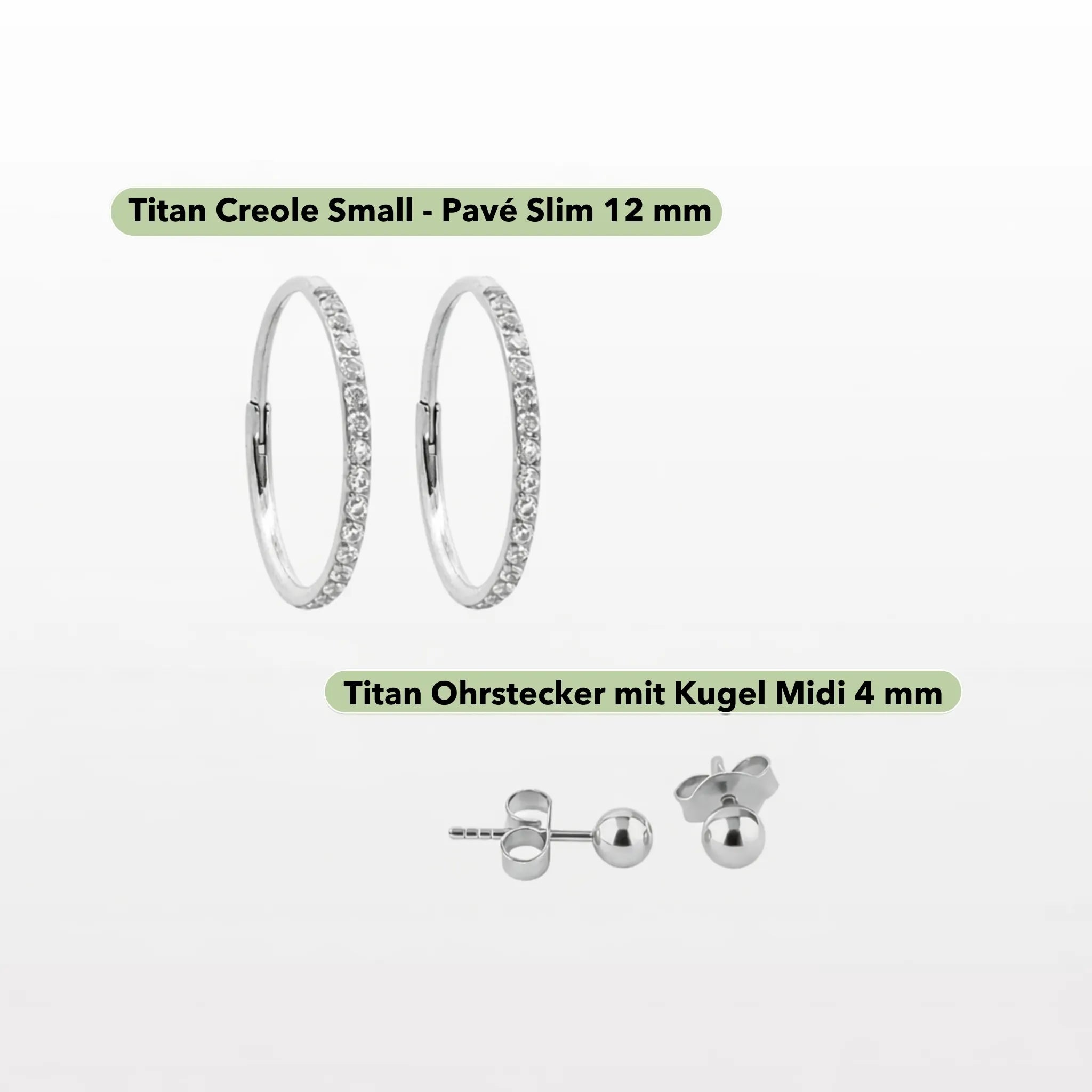 Silbernes Titan Essentials Set – Pavé mit 12mm Creole und 4mm Kugel Kugelstecker