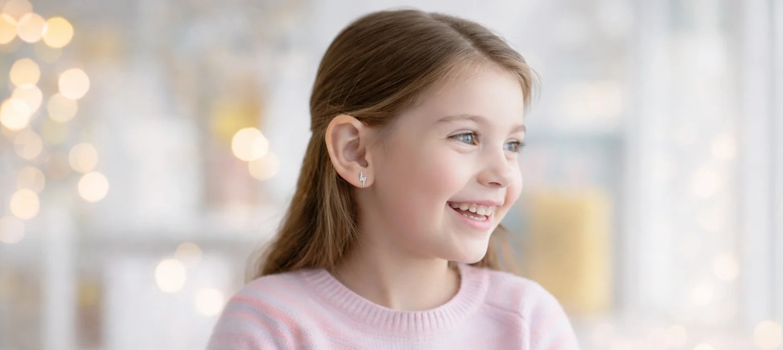 Hero Banner Glückliches Kind mit Blitzohrringe in Slber