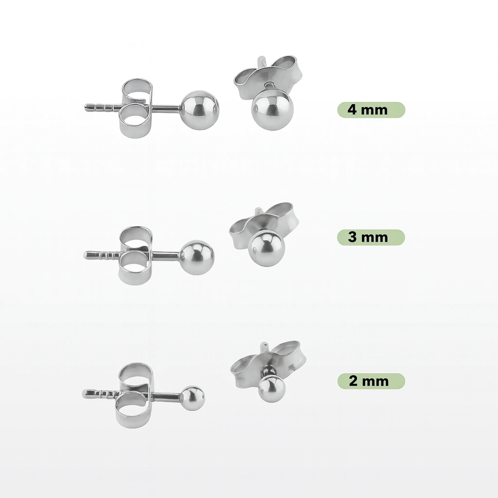 Silbernes Titan Ohrstecker Set – Kugel mit drei Größen: 2mm, 3mm und 4mm